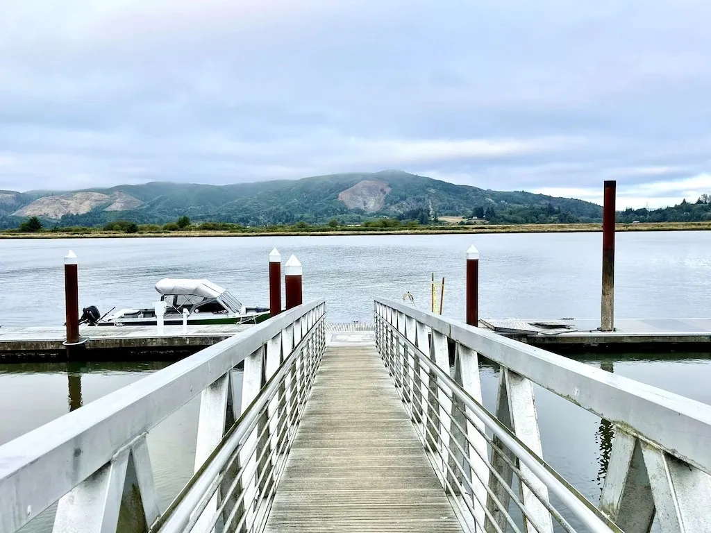 A dock with boats in the water and mountains behind it.